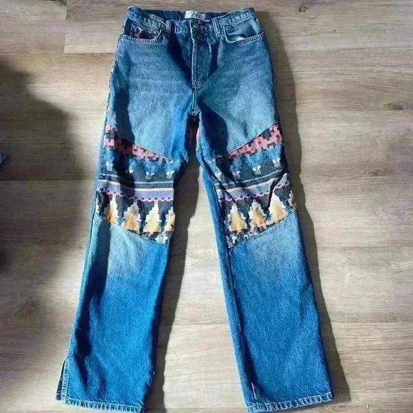 Free People Rocky Mountain Patchwork High Rise Straight Leg Jeans Blue sz 26